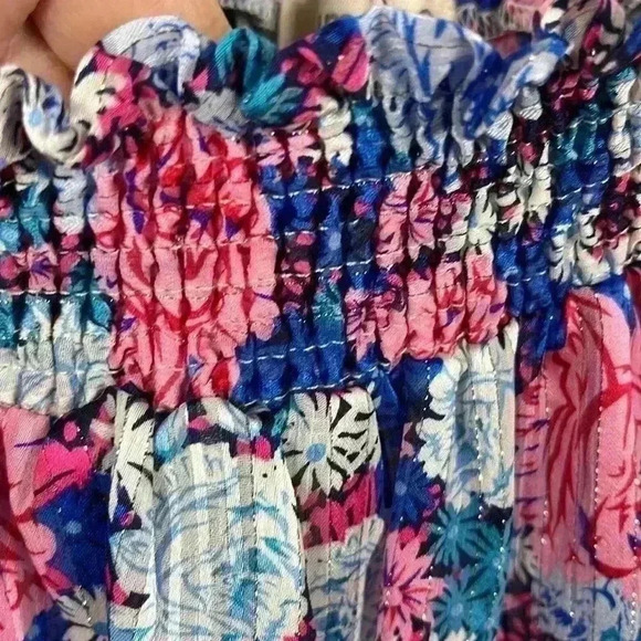 Umgee Womens Peasant Boho Top Blue Pink Silver M Off Shoulder Smocking Sparkly - Picture 4 of 8